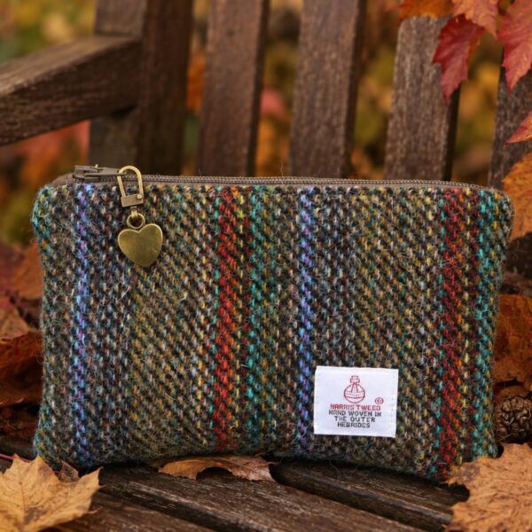 Brown Stripe Harris Tweed Coin Purse With Heart Charm