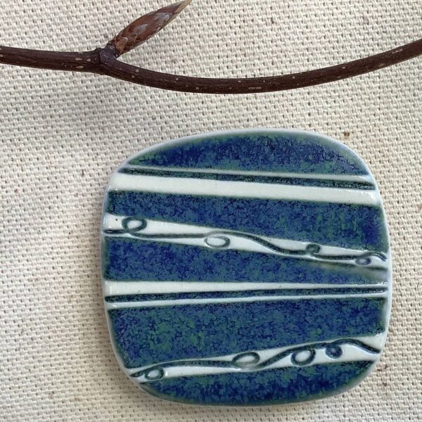 Blue Lagoon Glaze Square ‘White Stripes’ Ceramic Brooch