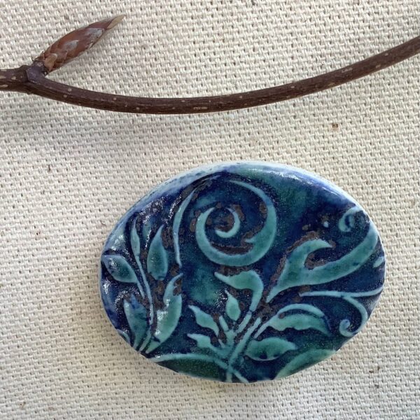 Cobalt Oxide and Island Glaze Oval 'Spiral Leaf’ Ceramic Brooch