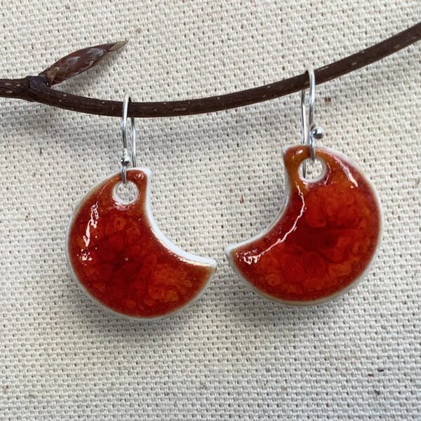 Red Ember Glaze Crescent Ceramic Earrings
