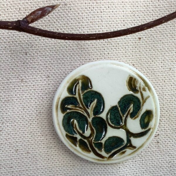 Cactus and Nori Glaze Round ‘Blossom' Ceramic Brooch