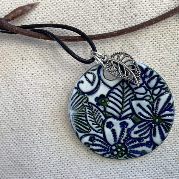 Scandinavian Blue Glaze Round ‘Woodland’ Ceramic Pendant