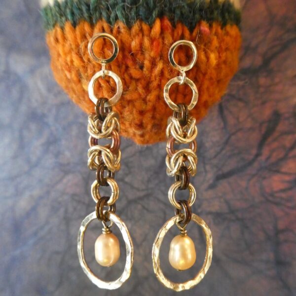 Sterling Silver Earrings With Hammered Links and Pearl
