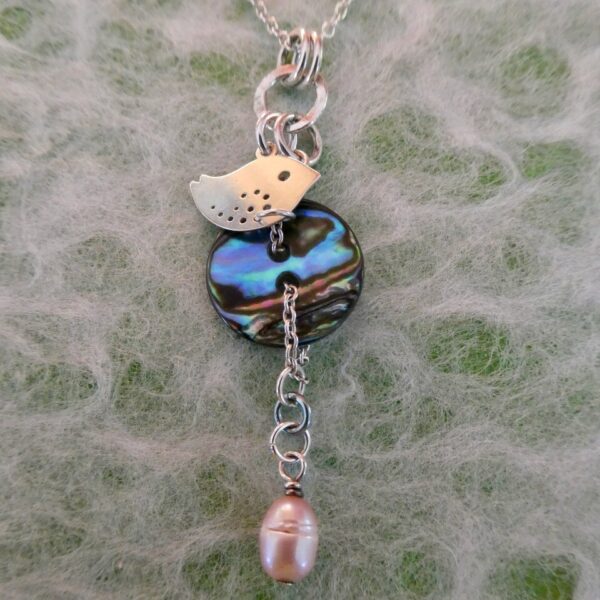 Sterling Silver Pendant with Bird Charm and Pearl Button