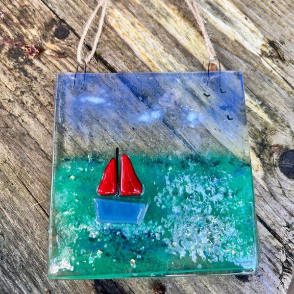 Fused Glass Red Sail Boat Hanger