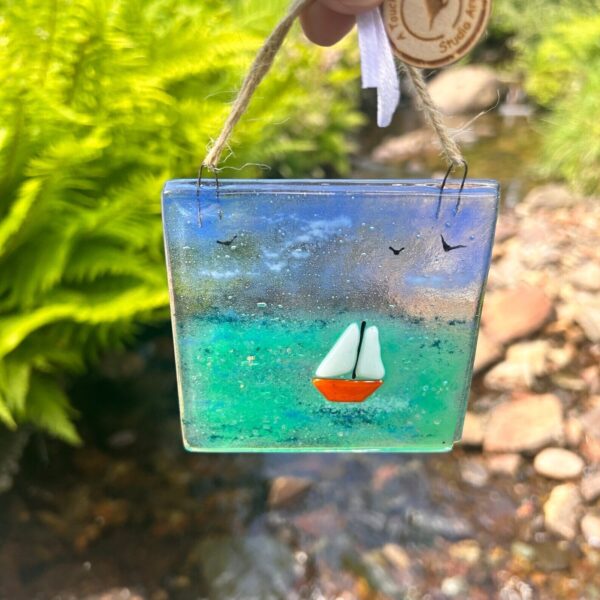 Fused Glass Orange and White Sail Boat Hanger