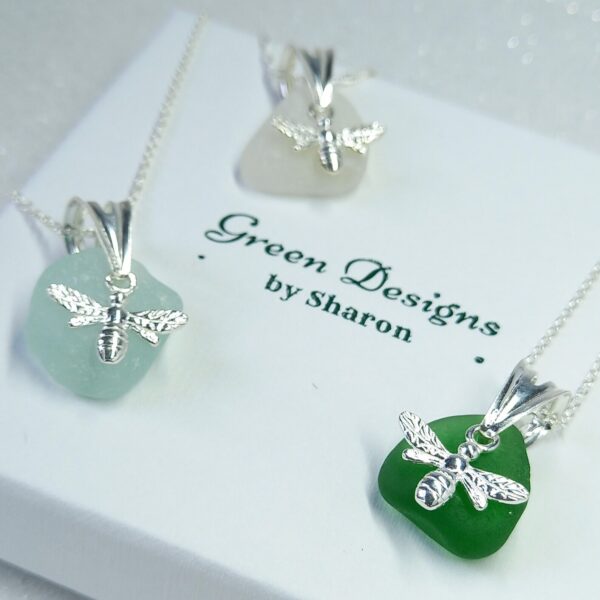 Sterling Silver Green Sea Glass Bee Charm Necklace - Bag