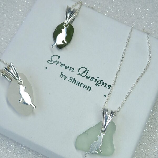 Sterling Silver Sea Glass Cat Charm Necklace - Green in Bag