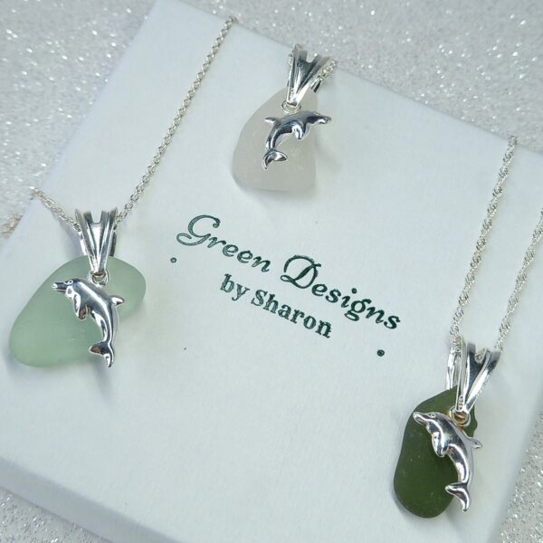 Sterling Silver Sea Glass Dolphin Charm Necklace - green in bag