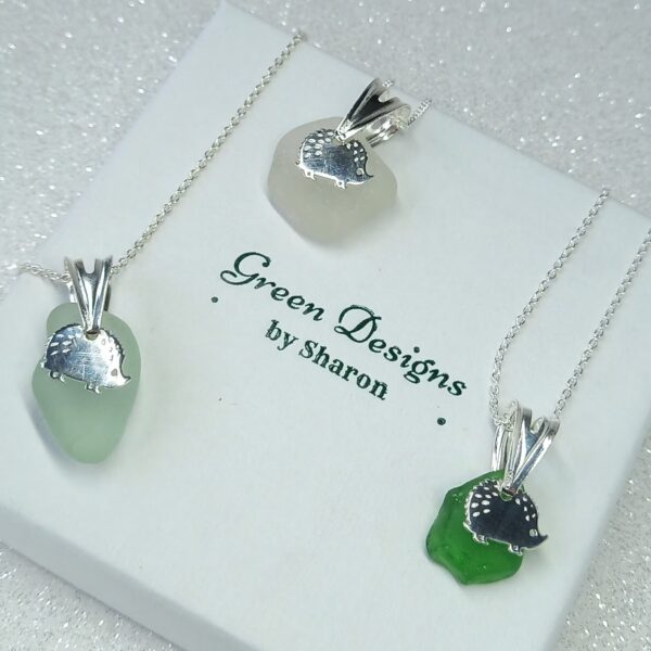 Sterling Silver Sea Glass Hedgehog Charm Necklace - green in Bag