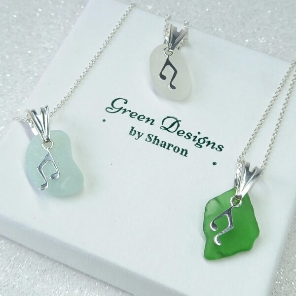Sterling Silver Clear Sea Glass Music Note Charm Necklace - green in bag
