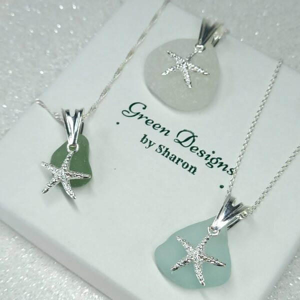 Sterling Silver Green Sea Glass Starfish Charm Necklace - Bag
