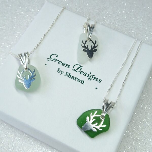 Sterling Silver Sea Glass Stag Charm Necklace - green in bag