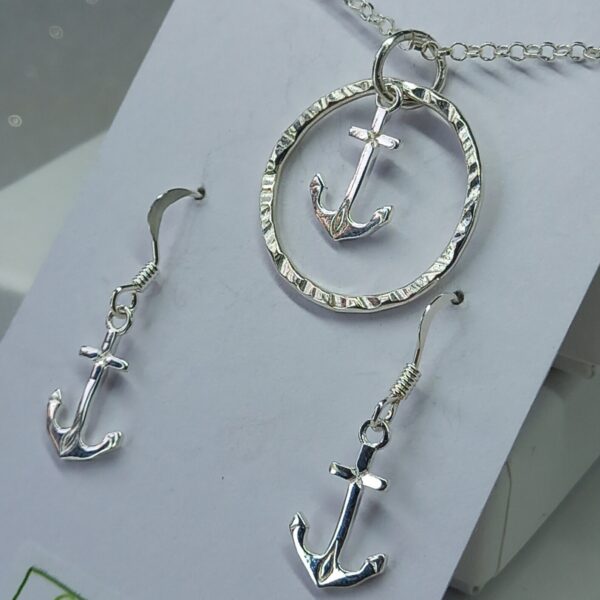 Sterling Silver Hammered Hoop with Anchor Charm Jewellery Set - Bag