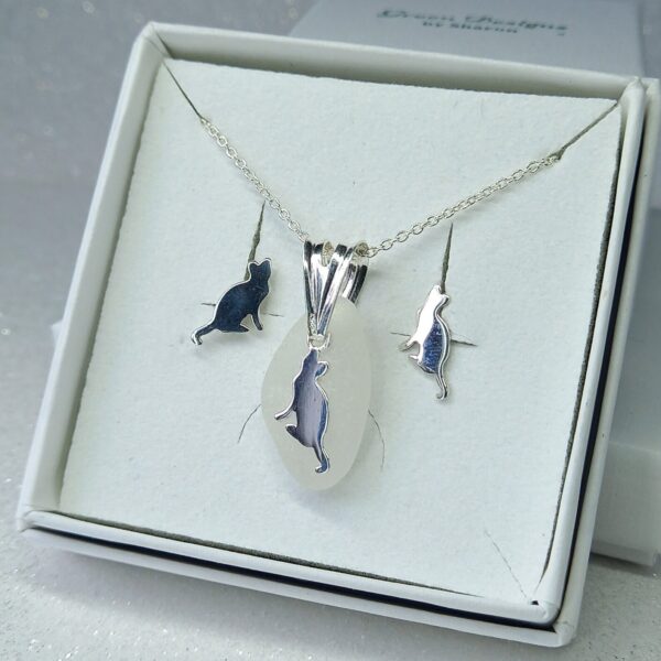 Sterling Silver Sea Glass Cat Charm Stud Set - Clear Bag