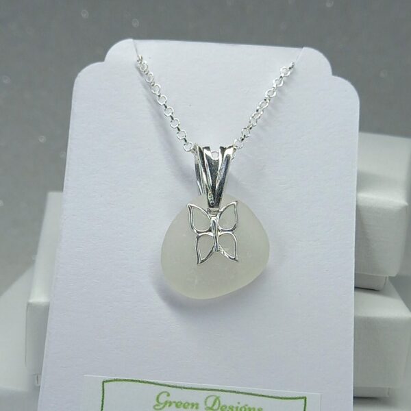 Sterling Silver Sea Glass Butterfly Charm Necklace - Clear Bag