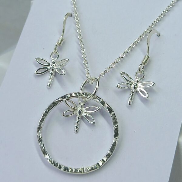 Sterling Silver Hammered Hoop with Dragonfly Charm Jewellery Set - Bag