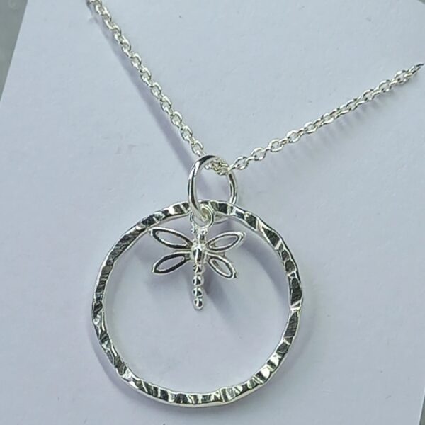 Sterling Silver Hammered Hoop with Dragonfly Charm Necklace - Bag