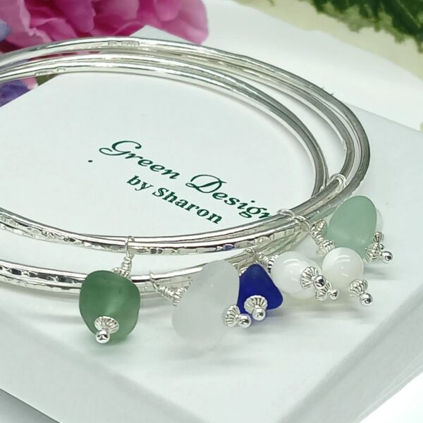 Sterling Silver Hammered Bangle with Sea Glass and Mother of Pearl Bead - Blue