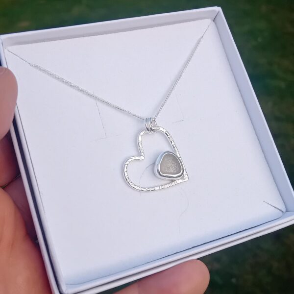 Sterling Silver Hammered Heart with Clear Sea Glass Necklace