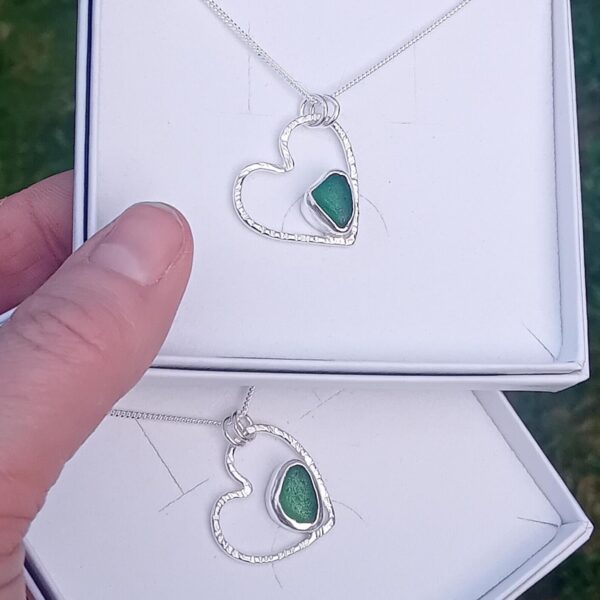 Sterling Silver Hammered Heart with Green Sea Glass Necklace