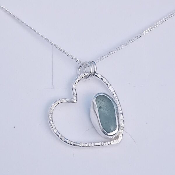 Sterling Silver Hammered Heart with Sea Foam Sea Glass Necklace