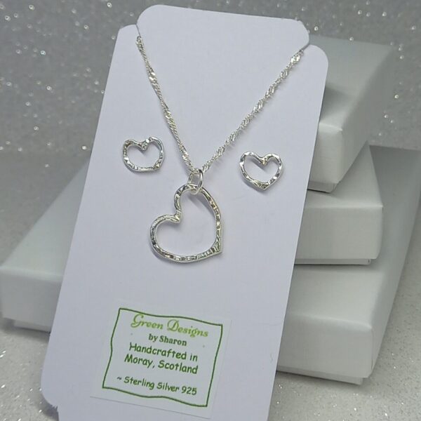 Silver Hammered Heart Necklace and Stud Earrings Set - Bag