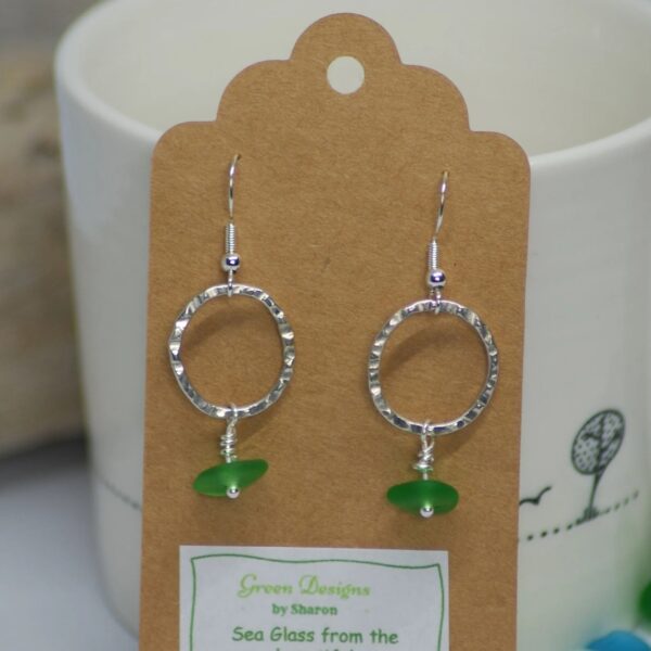 Silver Hammered Hoop Earrings with Sea Glass - Bag