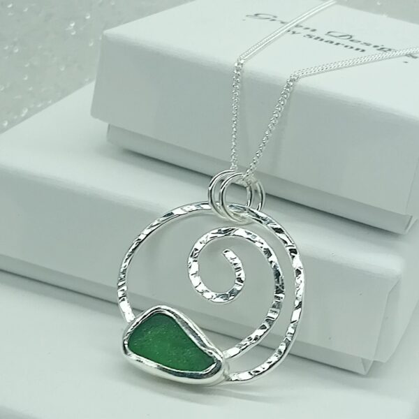 Sterling Silver Hammered Swirl Necklace with Green Sea Glass