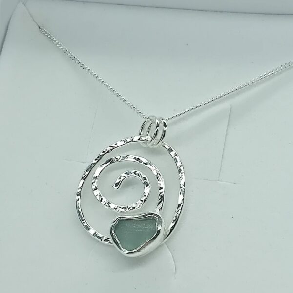 Sterling Silver Hammered Swirl Necklace with Sea Foam Sea Glass