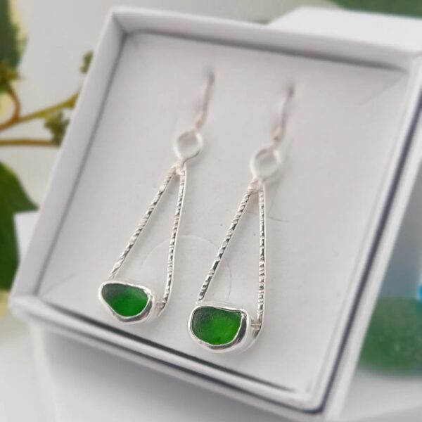 Silver Hammered Teardrop Earrings with Green Sea Glass