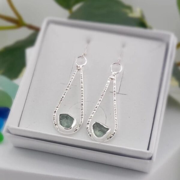 Silver Hammered Teardrop Earrings with Sea Foam Sea Glass