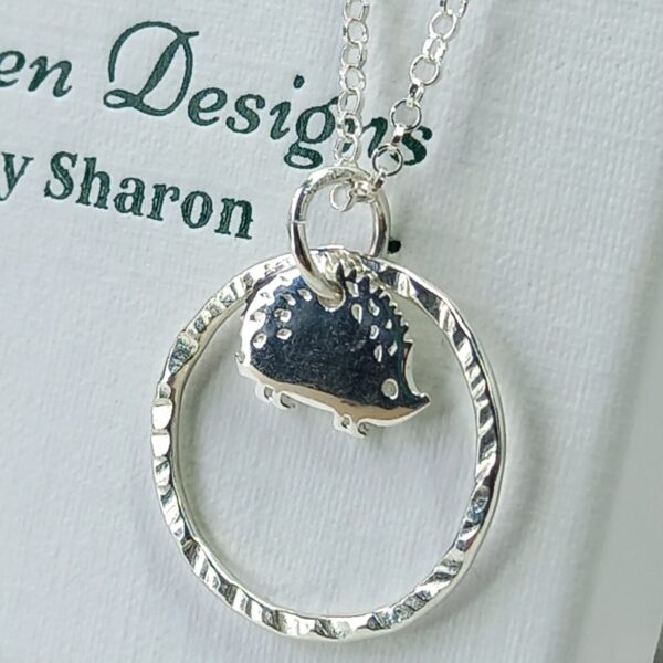 Sterling Silver Hammered Hoop with Hedgehog Charm Necklace - Bag