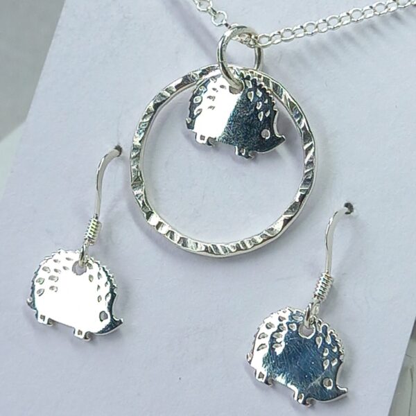 Sterling Silver Hammered Hoop with Hegehog Charm Jewellery Set - Bag