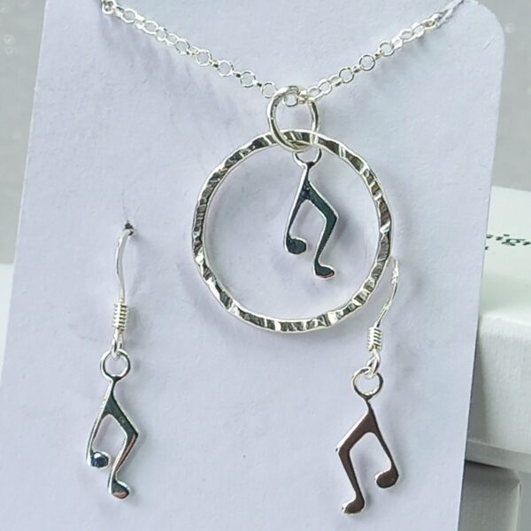 Sterling Silver Hammered Hoop with Music Note Charm Jewellery Set - Bag
