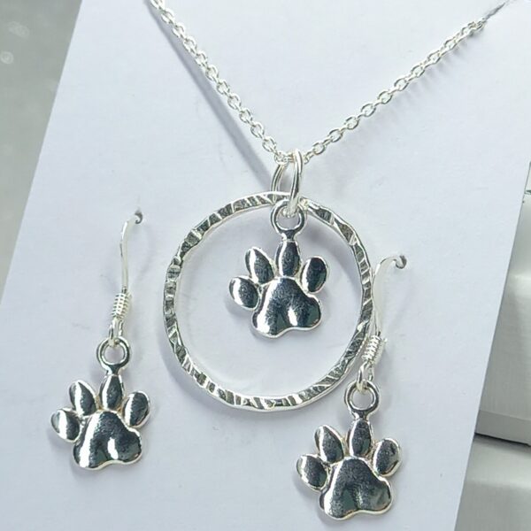 Sterling Silver Hammered Hoop with Paw Print Charm Jewellery Set - Bag