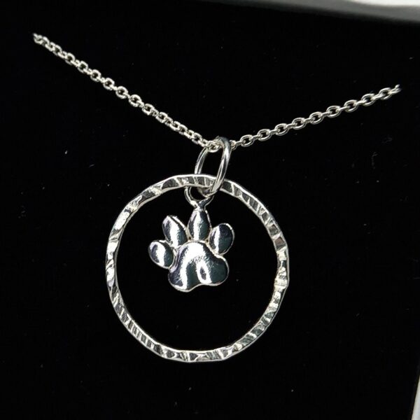 Sterling Silver Hammered Hoop with Paw Print Charm Necklace - Bag