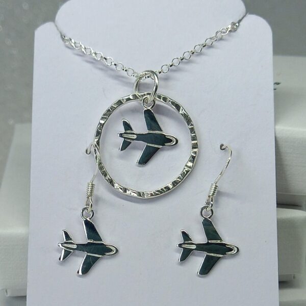 Sterling Silver Hammered Hoop with Plane Charm Jewellery Set - Bag