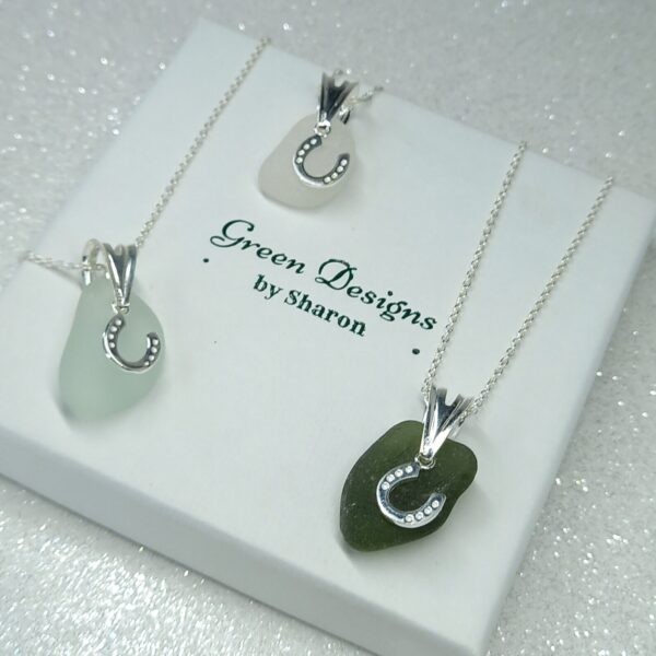 Sea Glass with Sterling Silver Horseshoe Charm Necklace - Green in Bag