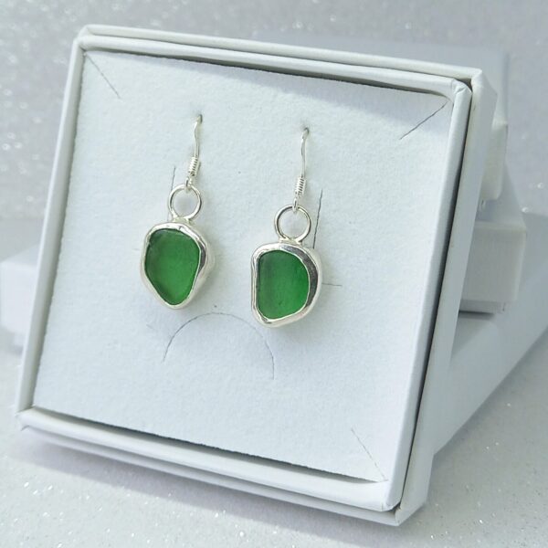 Green Sea Glass Open Bezel Sterling Silver Earrings - Bag