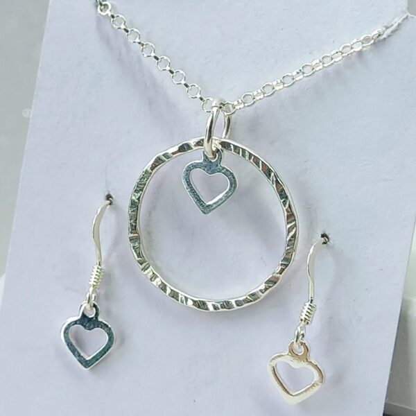 Sterling Silver Hammered Hoop with Open Heart Charm Jewellery Set - Bag