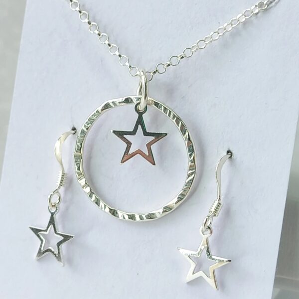 Sterling Silver Hammered Hoop with Open Star Charm Jewellery Set - Bag