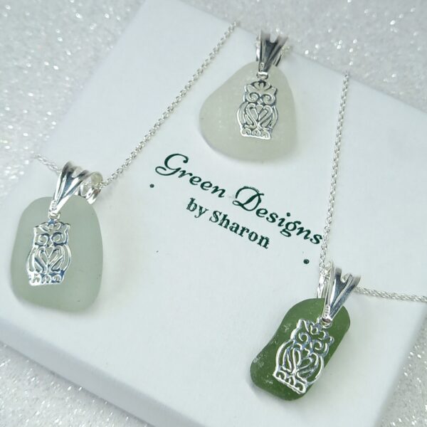 Sterling Silver Sea Glass Owl Charm Necklace - Clear Bag