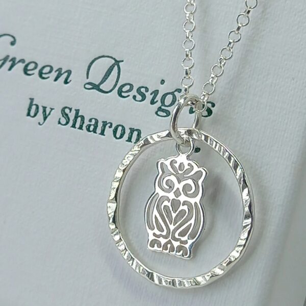 Sterling Silver Hammered Hoop with Owl Charm Necklace - Bag