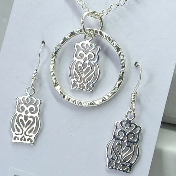 Sterling Silver Hammered Hoop with Owl Charm Jewellery Set - Bag