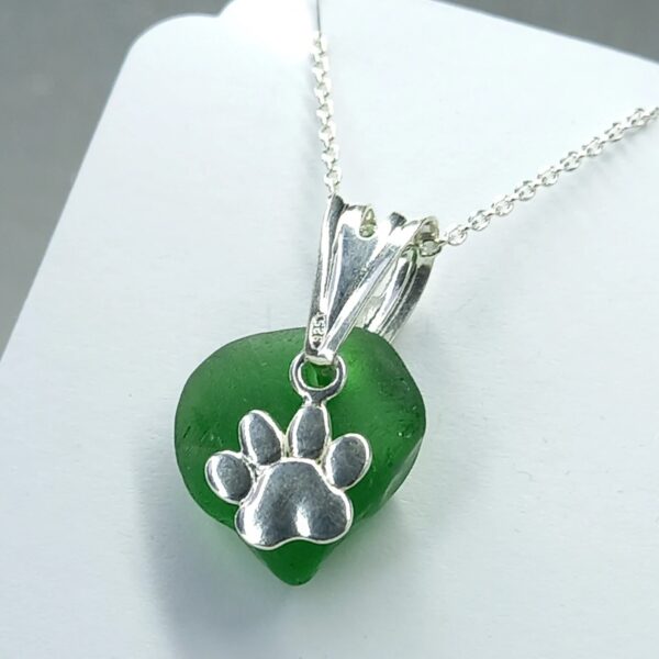 Sterling Silver Clear Sea Glass Dog Paw Print Charm Necklace - green in bag
