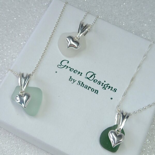 Sterling Silver Sea Glass Puffy Heart Charm Necklace - Clear Bag