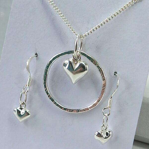 Sterling Silver Hammered Hoop with Puffy Heart Charm Jewellery Set - Bag