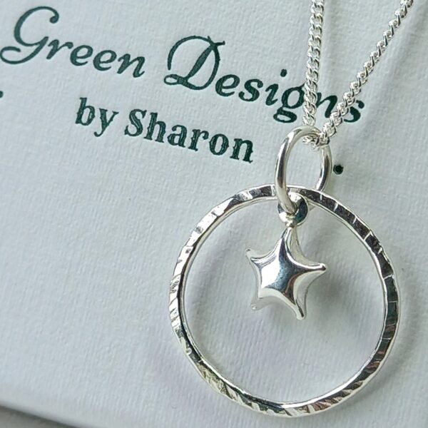 Sterling Silver Hammered Hoop with Puffy Star Charm Necklace - Bag