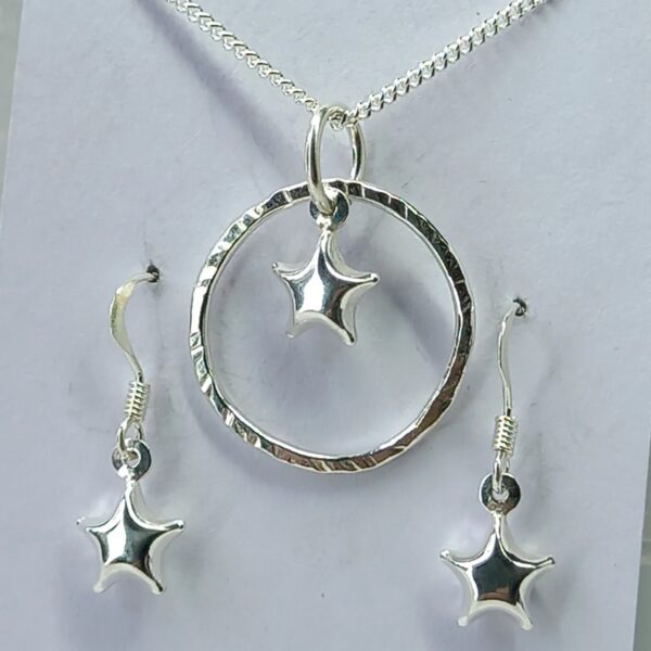 Sterling Silver Hammered Hoop with Puffy Star Charm Jewellery Set - Bag
